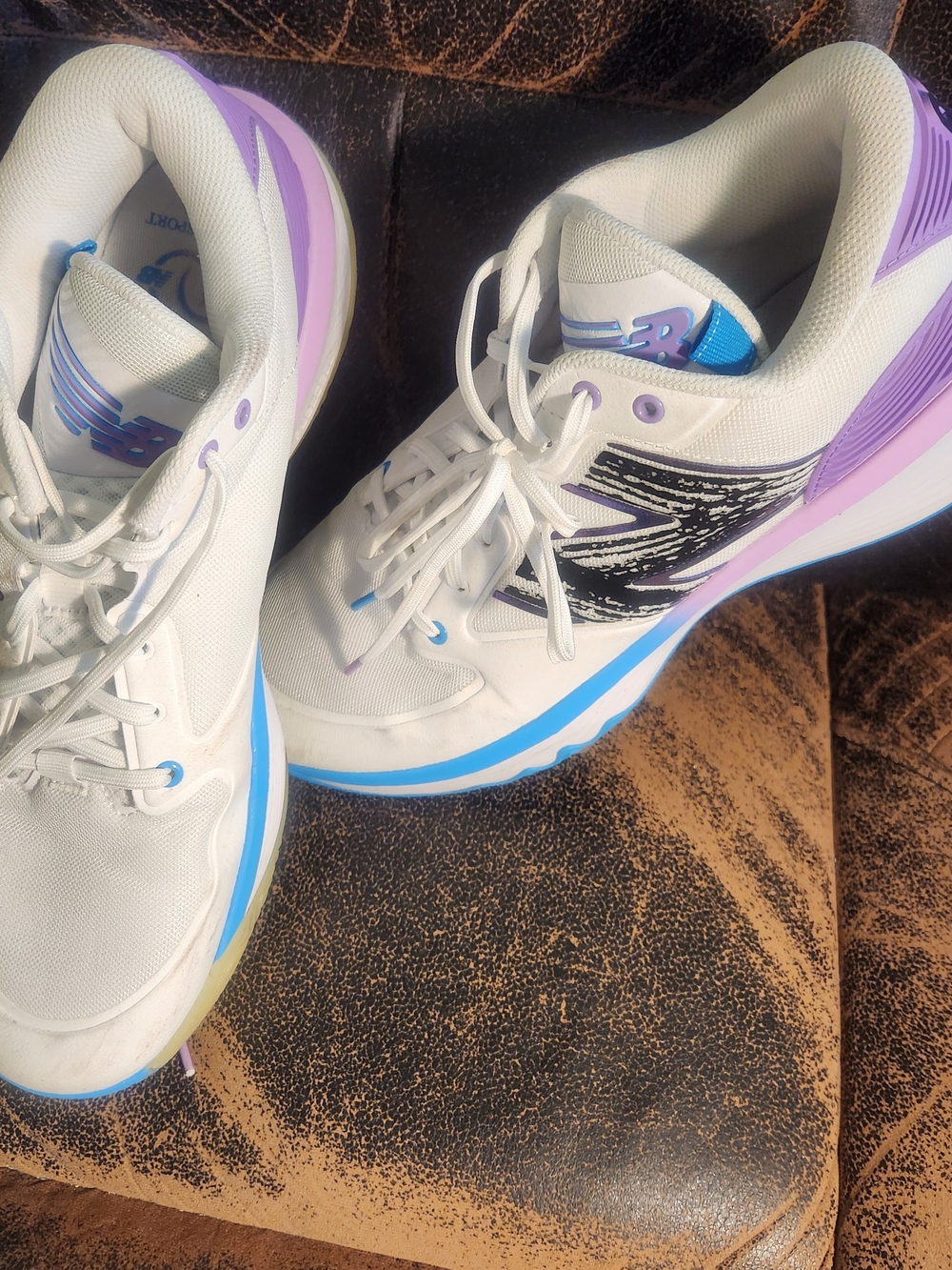 New Balance White Athletic Sneakers with Purple & Blue Accents